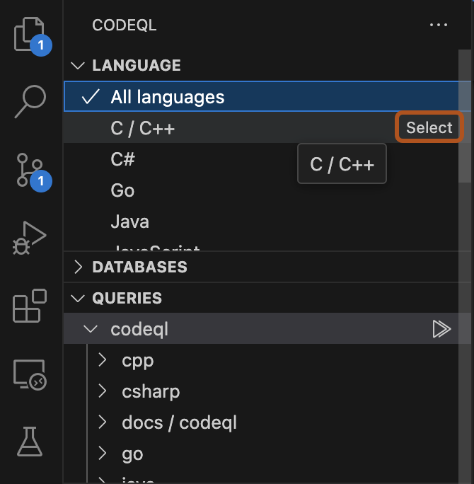 Screenshot of the language selector. The "Select" button for a language filter is outlined in dark orange.