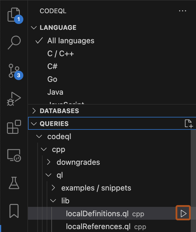 Screenshot of the mouse pointer hovering over a query in the queries panel. The "Run local query" icon is outlined in dark orange.