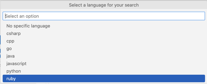 Screenshot of the search bar for using code search to add repositories to a custom list. The search bar asks you to choose a language for your search and has a dropdown list of languages to choose from.