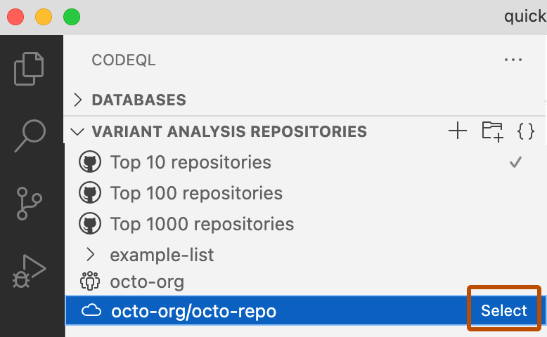 Screenshot of the CodeQL extension in Visual Studio Code. The "Variant Analysis Repositories" section is expanded. The "Top 10 repositories" item has a checkmark to show that it is currently selected for analysis. The user has clicked on the row for a single repository "octo-org/octo-repo" and it is highlighted blue. The "Select" button for that row is highlighted with a dark orange highlight.